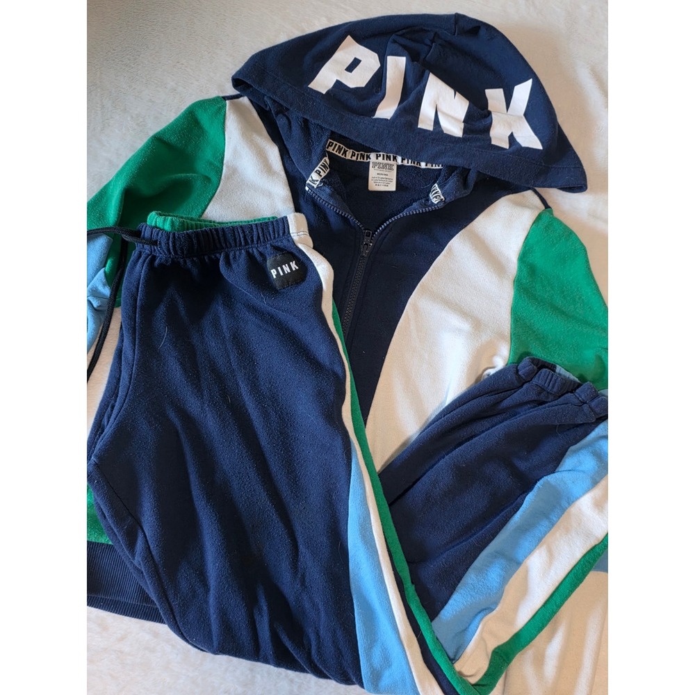 Victorias Secret PINK Colorblock Hoodie and Jogger Tracksuit Set Navy Blue Green